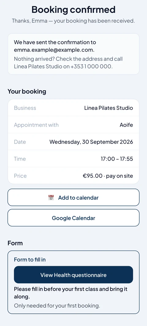 Confirmed booking on a phone: tick, studio, trainer, date, time and price at a glance.