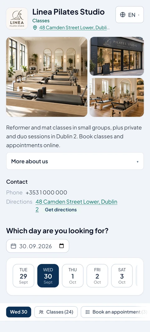 Booking page of a Pilates studio on a phone: logo, photos inside and outside, below it the date bar for free slots.